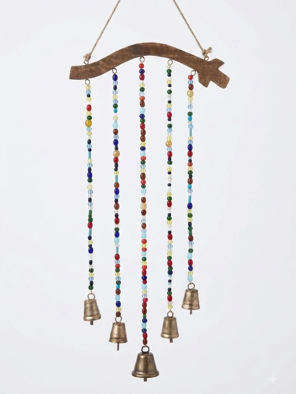 Boho Beaded Wind Chime Rustic Driftwood Glass Beads Brass Bells NWT